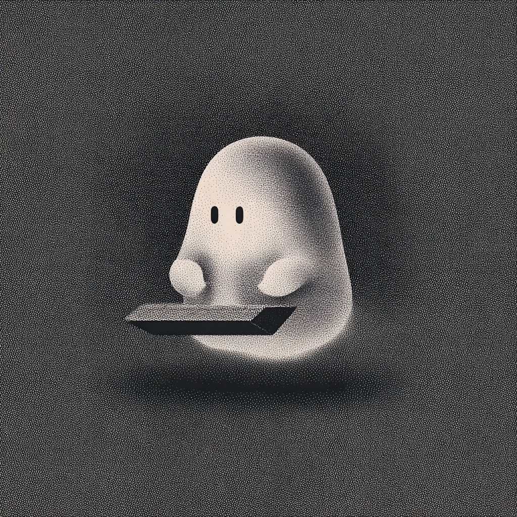 a small ghost holding a dark rectangle, looking downward